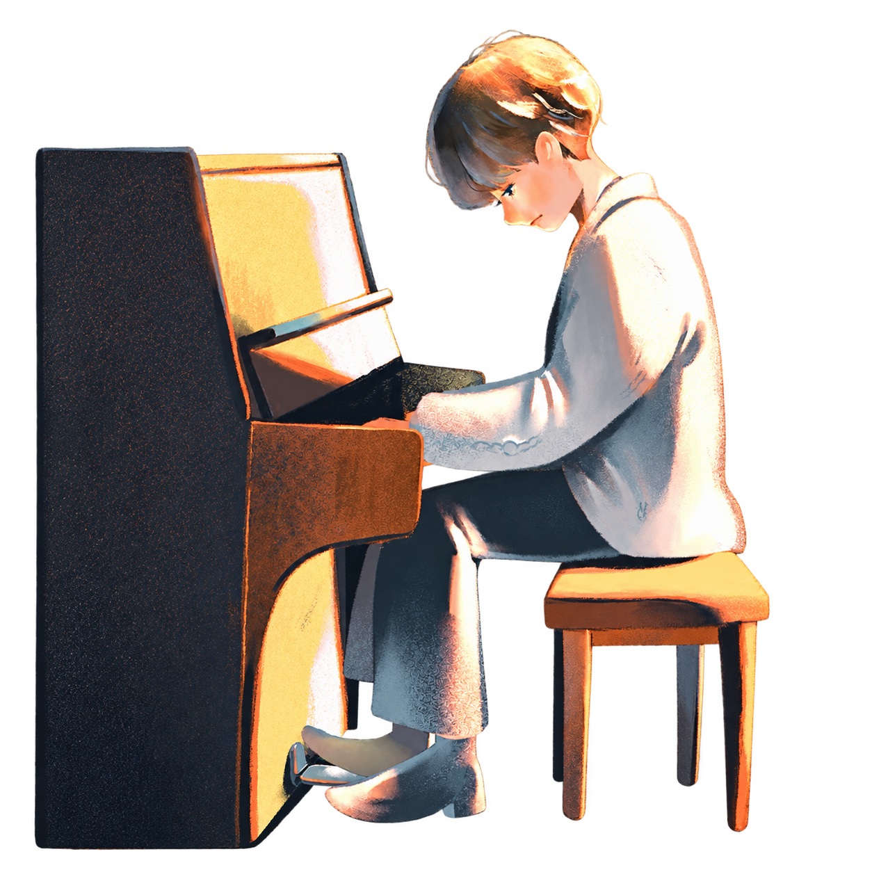 Illustration of a person playing an upright piano